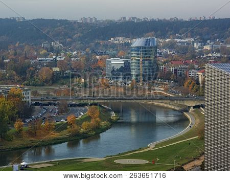 Vilnius, Lithuania - Oct 14, 2018: Panorama Of Vilnius On Sunset With Little Fog. View To Modern Par