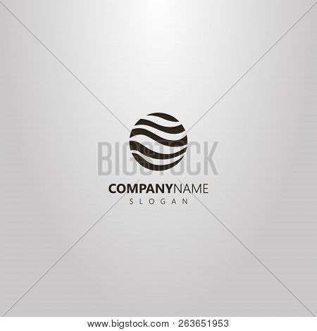 Black And White Simple Vector Logo Of Round Abstract Wave-shaped Planet Sphere