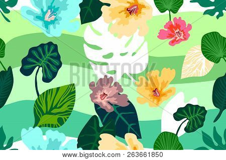 Seamless Vector Pattern With Palm Leaves And Tropical Plants. Aloha Textile Collection. On Dark Blue