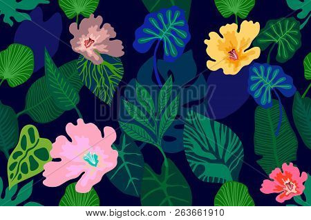 Seamless Vector Pattern With Palm Leaves And Tropical Plants. Aloha Textile Collection. On Dark Blue
