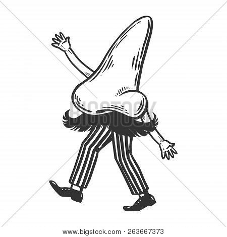 Human Nose With Mustache Walks On Its Feet Engraving Vector Illustration. Scratch Board Style Imitat