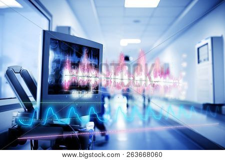 Medical Technology Concept With A Hologram Of Curves And Graphs Of Data On The Background Of The Equ