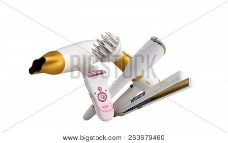 Set Of Equipment For Hair Care Hair Dryer, Epilator, Curling Iron, Hair Straightener 3d Render On Wh
