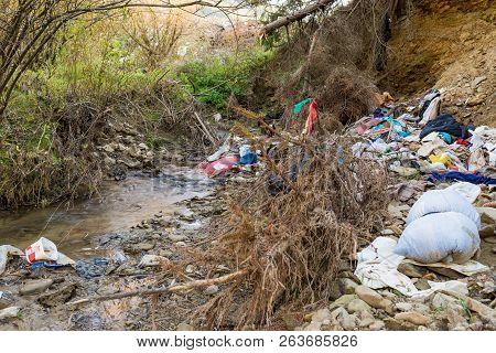Miercurea Ciuc, Romania- 17 October 2018: Cleen Little Creek Contaminated With Household Waste, Conc