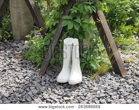 White Rubber Boots On The Rocks In The Garden. Boots For  Work In Rainy Weather.