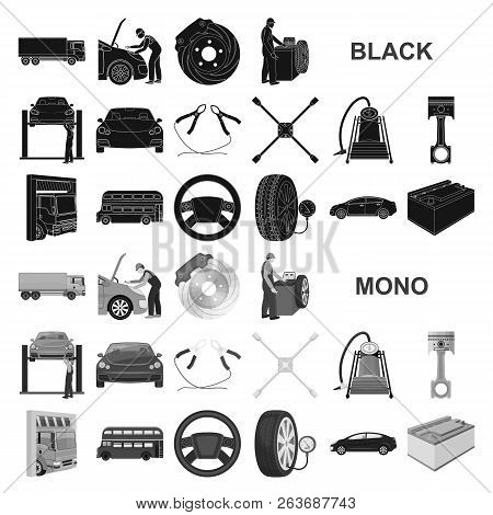 Car, Lift, Pump And Other Equipment Black Icons In Set Collection For Design. Car Maintenance Statio