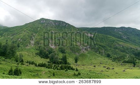Artvin, Turkey - July 2018: Gorgit Highland With Old Houses And Green Valley In Blacksea Region, Art