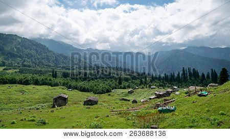 Artvin, Turkey - July 2018: Gorgit Highland With Old Houses And Green Valley In Blacksea Region, Art