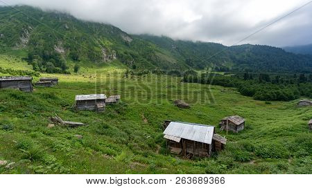 Artvin, Turkey - July 2018: Gorgit Highland With Old Houses And Green Valley In Blacksea Region, Art