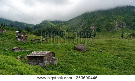 Artvin, Turkey - July 2018: Gorgit Highland With Old Houses And Green Valley In Blacksea Region, Art
