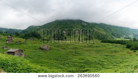 Artvin, Turkey - July 2018: Gorgit Highland With Old Houses And Green Valley In Blacksea Region, Art