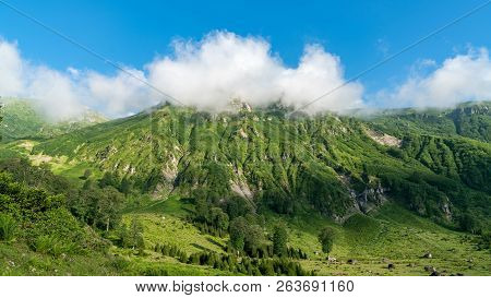 Artvin, Turkey - July 2018: Gorgit Highland With Old Houses And Green Valley In Blacksea Region, Art