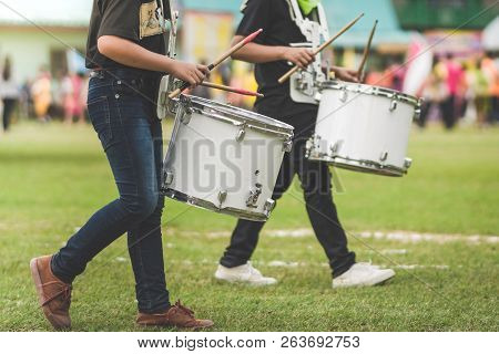 Marching Band Drummers Perform In School Parade