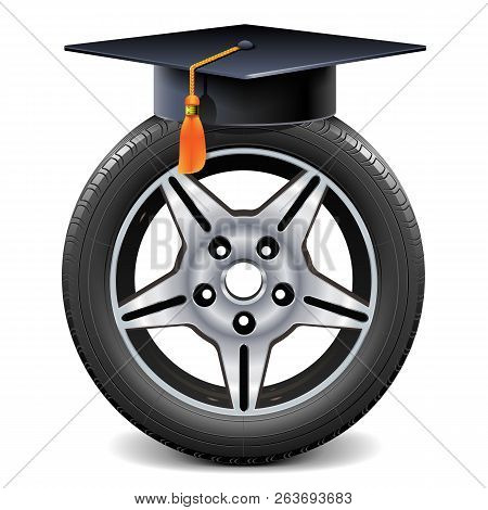 Vector Car Wheel With Square Academic Cap Isolated On White Background