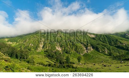 Artvin, Turkey - July 2018: Gorgit Highland With Old Houses And Green Valley In Blacksea Region, Art