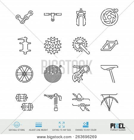 Bicycle Spare Parts Vector Line Icons Set. Bike Shop, Maintenance And Repair Linear Symbols. Pixel P