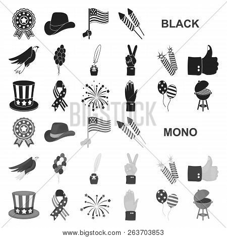 Day Of Patriot, Holiday Black Icons In Set Collection For Design. American Tradition Vector Symbol S