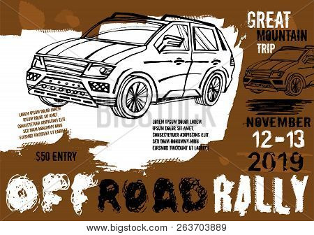 Off-road Event Vector Poster. Landscape Illustration In Grunge Style With Hand Drawn Lettering. Port