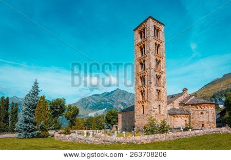 Teal And Orange View Of Belfry And Church Of Sant Climent De Taull, Catalonia, Spain. Romanesque Sty