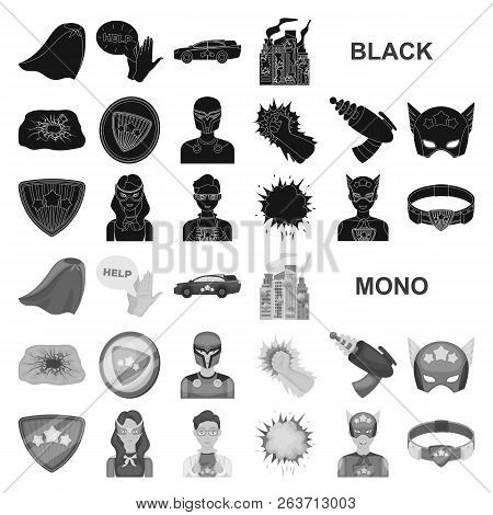 A Fantastic Superhero Black Icons In Set Collection For Design. Superhero Equipment Vector Symbol St