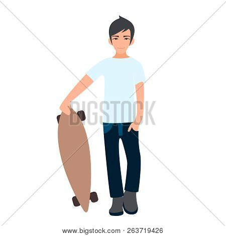Male Asian College Student Standing With Longboard. Young Man Skateboarder