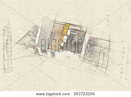 Illustration of  a roofless house on top of architect plans