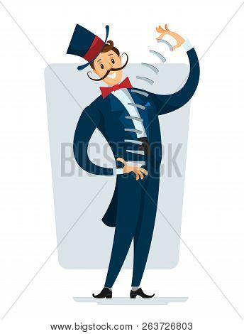 Magician In A Tuxedo With Cards In Their Hands. Vector Illustration Of A Circus Show.
