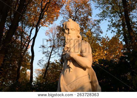 Statue Of Allegory Sunset In Summer Garden At Evening, St.petersburg, Russia.