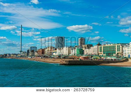 Brighton, England-1 October,2018: Beautiful View Of Brighton Pier With Brighton Beach Sea, Sand And 