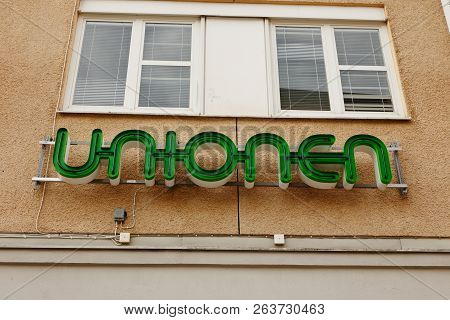 Sodertalje, Sweden - October 13, 2018: The Sign And Logo For The Swedish Trade Union Unionen At Its 