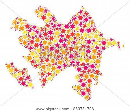 Collage Map Of Azerbaijan Formed With Colored Flat Stars. Vector Colored Geographic Abstraction Of M