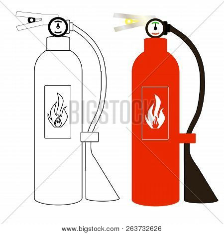 Fire Extinguisher Monochrome Sketch And Colorful Version.. Red, Black And White Fire Extinguisher On
