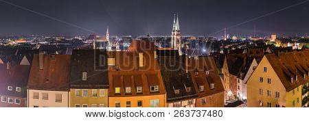 Panorama View Of Urban Skyline Of Nuremberg Old Town, Cityscape At Night