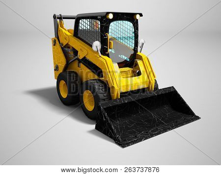 Modern Yellow Mini Loader After Loading Stone 3d Render On Gray Background With Shadow