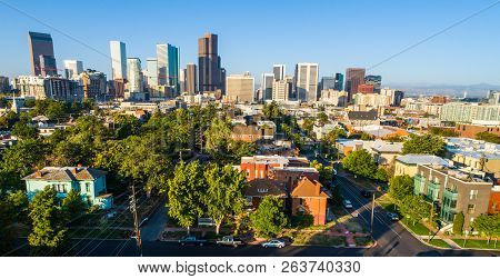 Sunny Morning Sunrise Above Denver Colorado Downtown Skyline Long Streets Leading Into The Mile High