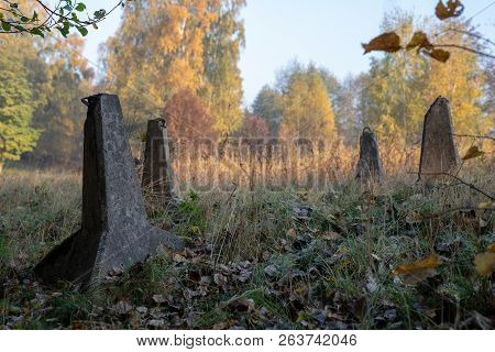 Dragon's Teeth Arranged In A Wet Area. Firewall For Tanks From World War Ii.