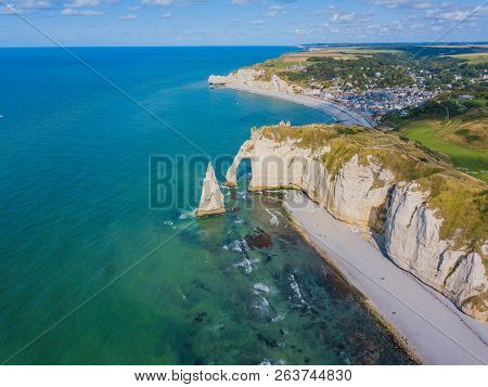 Aerial Drone Photo Of The Pointed Formation Called Laiguille Or The Needle And Porte Daval At Etreta