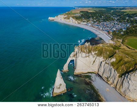 Aerial Drone Photo Of The Pointed Formation Called Laiguille Or The Needle And Porte Daval At Etreta