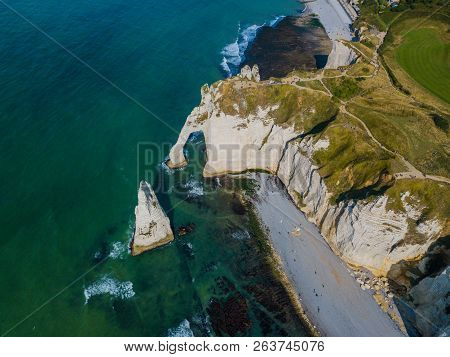 Aerial Drone Photo Of The Pointed Formation Called Laiguille Or The Needle And Porte Daval At Etreta