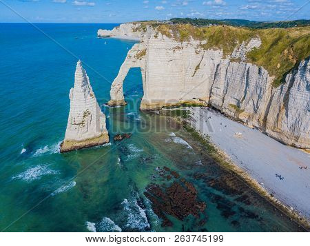 Aerial Drone Photo Of The Pointed Formation Called Laiguille Or The Needle And Porte Daval At Etreta