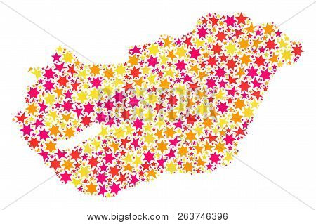 Collage Map Of Hungary Created With Colored Flat Stars. Vector Colored Geographic Abstraction Of Map