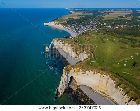 Aerial Drone Photo Of The Pointed Formation Called Laiguille Or The Needle And Porte Daval At Etreta