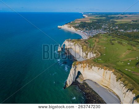 Aerial Drone Photo Of The Pointed Formation Called Laiguille Or The Needle And Porte Daval At Etreta