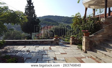 Stone Patio Walkway Exterior Of Villa/house In Europe/mediterranean/greece