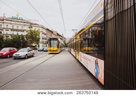 Budapest, Hungary - September 29, 2018: Yellow Trams With A Smile On Andrassy Street In The Central 
