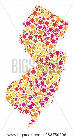 Collage Map Of New Jersey State Formed With Colored Flat Stars. Vector Colored Geographic Abstractio