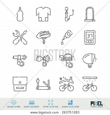 Bicycle Accessories, Tools, Clothing Vector Line Icons Set. Bike Shop, Maintenance Linear Symbols. P