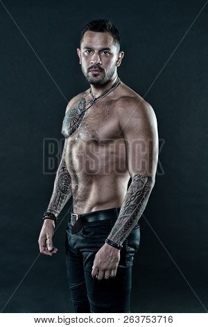 Get Tattoo Here. Man With Muscular Torso. Muscular Man With Sexy Tattoo Style. Macho Style. Sexy Is 