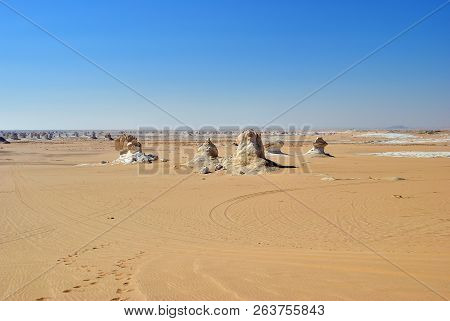 Beautiful Landscape Of Desert. Abstract Nature Rock Formations Aka Sculptures In Western White Deser