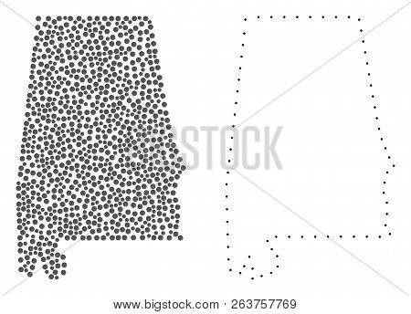 Dotted And Contour Map Of Alabama State Designed With Dots. Vector Grey Abstraction Of Map Of Alabam